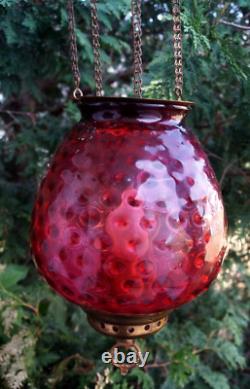 Antique 1870 1910 CRANBERRY HOBNAIL Glass Shade Hall Parlor Hanging Oil Lamp