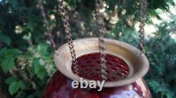 Antique 1870 1910 CRANBERRY HOBNAIL Glass Shade Hall Parlor Hanging Oil Lamp