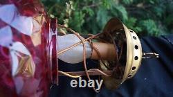 Antique 1870 1910 CRANBERRY HOBNAIL Glass Shade Hall Parlor Hanging Oil Lamp
