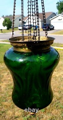 Antique 1870 1910 EMERALD GREEN Glass Shade Hall Parlor Hanging Oil Lamp