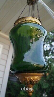 Antique 1870 1910 EMERALD GREEN Glass Shade Hall Parlor Hanging Oil Lamp