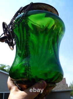 Antique 1870 1910 EMERALD GREEN Glass Shade Hall Parlor Hanging Oil Lamp