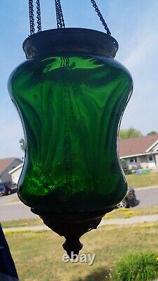 Antique 1870 1910 EMERALD GREEN Glass Shade Hall Parlor Hanging Oil Lamp