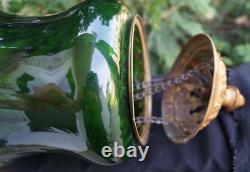 Antique 1870 1910 EMERALD GREEN Glass Shade Hall Parlor Hanging Oil Lamp