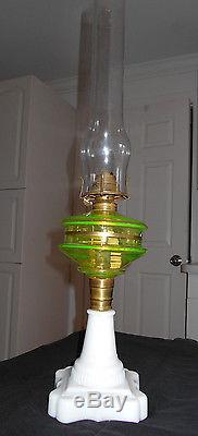 Antique 1870-80 Vaseline Font With Opaque Glass Base Oil Lampcomplete