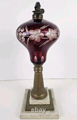 Antique 1870's MILLER Etched Cranberry Cut To Clear Victorian Footed Oil Lamp