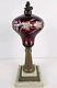 Antique 1870's MILLER Etched Cranberry Cut To Clear Victorian Footed Oil Lamp