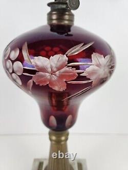 Antique 1870's MILLER Etched Cranberry Cut To Clear Victorian Footed Oil Lamp