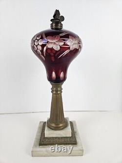 Antique 1870's MILLER Etched Cranberry Cut To Clear Victorian Footed Oil Lamp