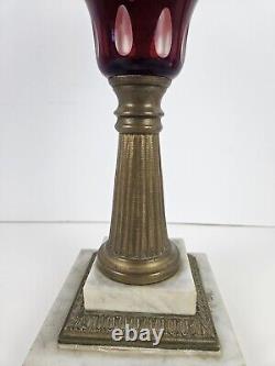 Antique 1870's MILLER Etched Cranberry Cut To Clear Victorian Footed Oil Lamp