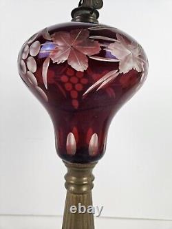 Antique 1870's MILLER Etched Cranberry Cut To Clear Victorian Footed Oil Lamp