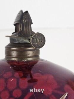 Antique 1870's MILLER Etched Cranberry Cut To Clear Victorian Footed Oil Lamp