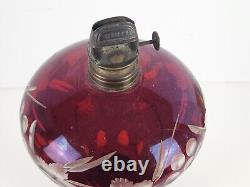 Antique 1870's MILLER Etched Cranberry Cut To Clear Victorian Footed Oil Lamp