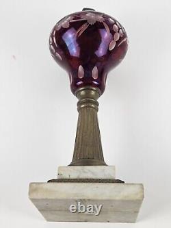 Antique 1870's MILLER Etched Cranberry Cut To Clear Victorian Footed Oil Lamp
