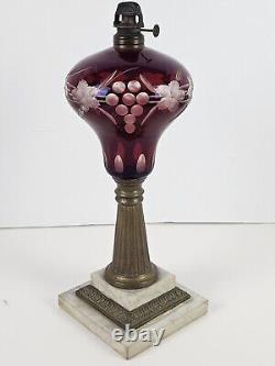 Antique 1870's MILLER Etched Cranberry Cut To Clear Victorian Footed Oil Lamp