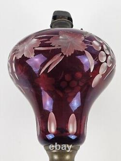 Antique 1870's MILLER Etched Cranberry Cut To Clear Victorian Footed Oil Lamp