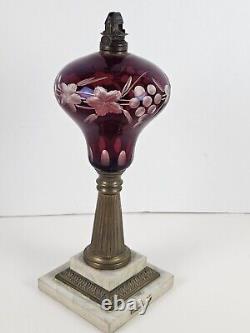 Antique 1870's MILLER Etched Cranberry Cut To Clear Victorian Footed Oil Lamp