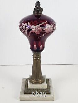 Antique 1870's MILLER Etched Cranberry Cut To Clear Victorian Footed Oil Lamp