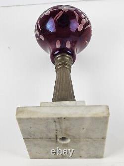 Antique 1870's MILLER Etched Cranberry Cut To Clear Victorian Footed Oil Lamp
