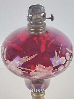 Antique 1870's MILLER Etched Cranberry Cut To Clear Victorian Footed Oil Lamp