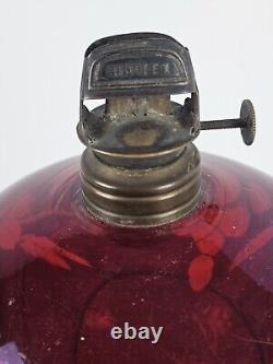 Antique 1870's MILLER Etched Cranberry Cut To Clear Victorian Footed Oil Lamp