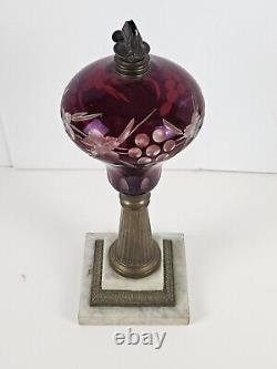 Antique 1870's MILLER Etched Cranberry Cut To Clear Victorian Footed Oil Lamp