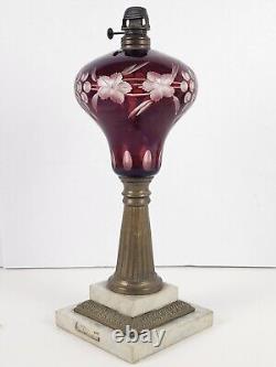 Antique 1870's MILLER Etched Cranberry Cut To Clear Victorian Footed Oil Lamp