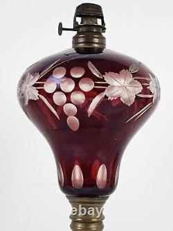 Antique 1870's MILLER Etched Cranberry Cut To Clear Victorian Footed Oil Lamp