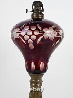 Antique 1870's MILLER Etched Cranberry Cut To Clear Victorian Footed Oil Lamp