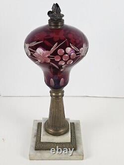 Antique 1870's MILLER Etched Cranberry Cut To Clear Victorian Footed Oil Lamp