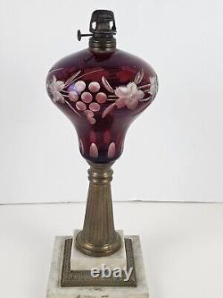 Antique 1870's MILLER Etched Cranberry Cut To Clear Victorian Footed Oil Lamp