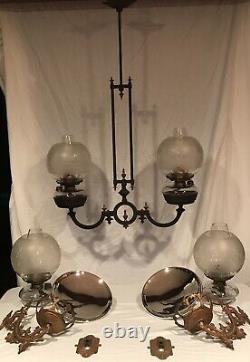 Antique 1870s Victorian Hanging Kerosene Oil Chandelier And Bracket Oil Lamps