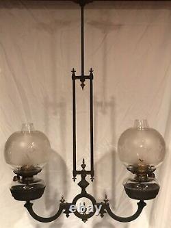 Antique 1870s Victorian Hanging Kerosene Oil Chandelier And Bracket Oil Lamps