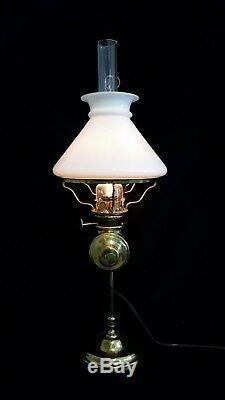 Antique 1876 Brass CF Spencer Double Student Oil Lamp, Kosmos Burners, Chimneys