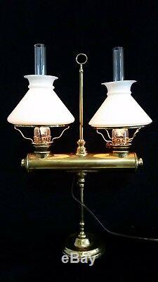 Antique 1876 Brass CF Spencer Double Student Oil Lamp, Kosmos Burners, Chimneys