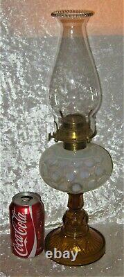 Antique 1880-1900 Inverted Opalescent Thumbprint FONT with Amber Fan Base OIL LAMP