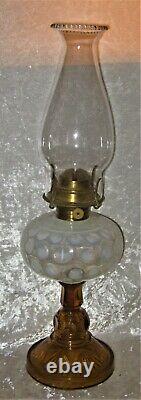 Antique 1880-1900 Inverted Opalescent Thumbprint FONT with Amber Fan Base OIL LAMP