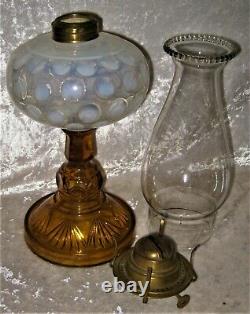 Antique 1880-1900 Inverted Opalescent Thumbprint FONT with Amber Fan Base OIL LAMP