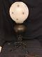 Antique 1880's Bradley & Hubbard Wrought Iron Banquet Oil Lamp WithStar Cut Globe