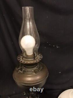 Antique 1880's Bradley & Hubbard Wrought Iron Banquet Oil Lamp WithStar Cut Globe