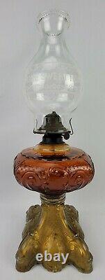 Antique 1880's EAPG Princess Feather Oil Lamp Gold Base Amber Tank HSH Chimney
