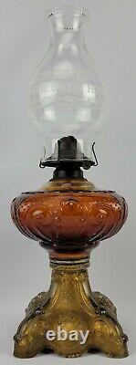 Antique 1880's EAPG Princess Feather Oil Lamp Gold Base Amber Tank HSH Chimney
