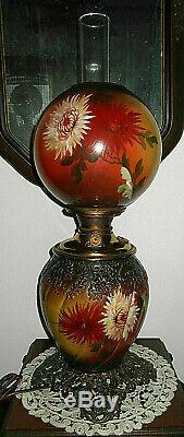 Antique 1880's HP Chrysanthemum Gwtw Banquet Oil Lamp Converted To Electric