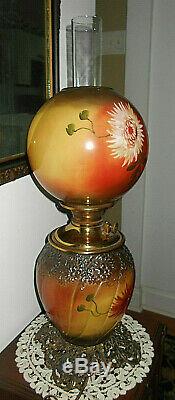 Antique 1880's HP Chrysanthemum Gwtw Banquet Oil Lamp Converted To Electric