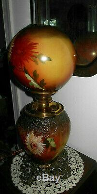 Antique 1880's HP Chrysanthemum Gwtw Banquet Oil Lamp Converted To Electric