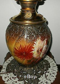 Antique 1880's HP Chrysanthemum Gwtw Banquet Oil Lamp Converted To Electric