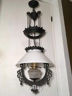 Antique 1880s Cast Iron Hanging Lamp Bradley Hubbard Horse Oil Parlor Library