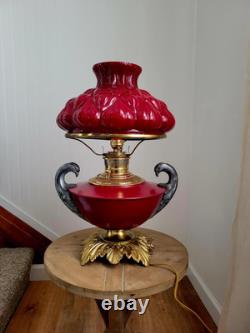 Antique 1880s GWTW Red Cased Glass Kerosene Oil Banquet Parlor Lamp Eagle Base