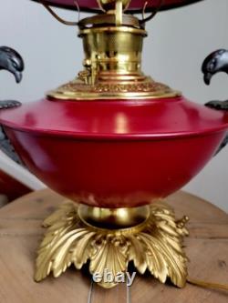 Antique 1880s GWTW Red Cased Glass Kerosene Oil Banquet Parlor Lamp Eagle Base