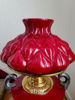 Antique 1880s GWTW Red Cased Glass Kerosene Oil Banquet Parlor Lamp Eagle Base